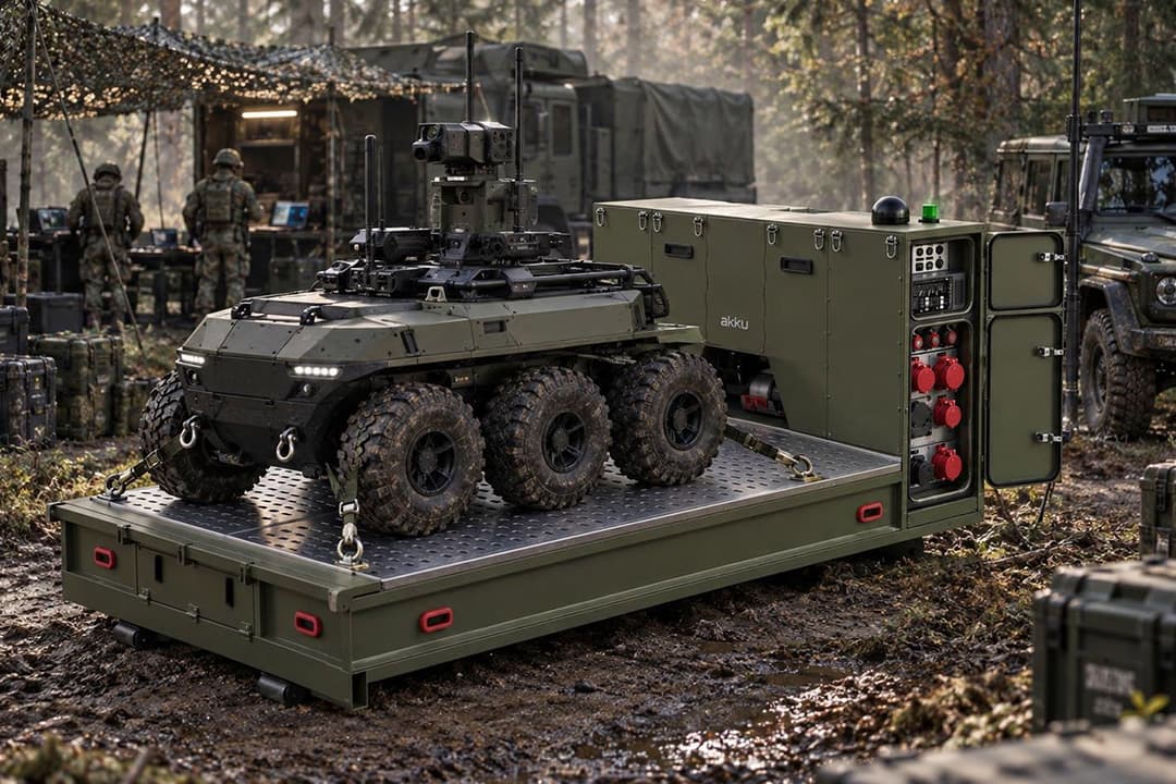 The olive-green AKKUBOARD in a field camp carrying an unmanned ground vehicle (UGV)