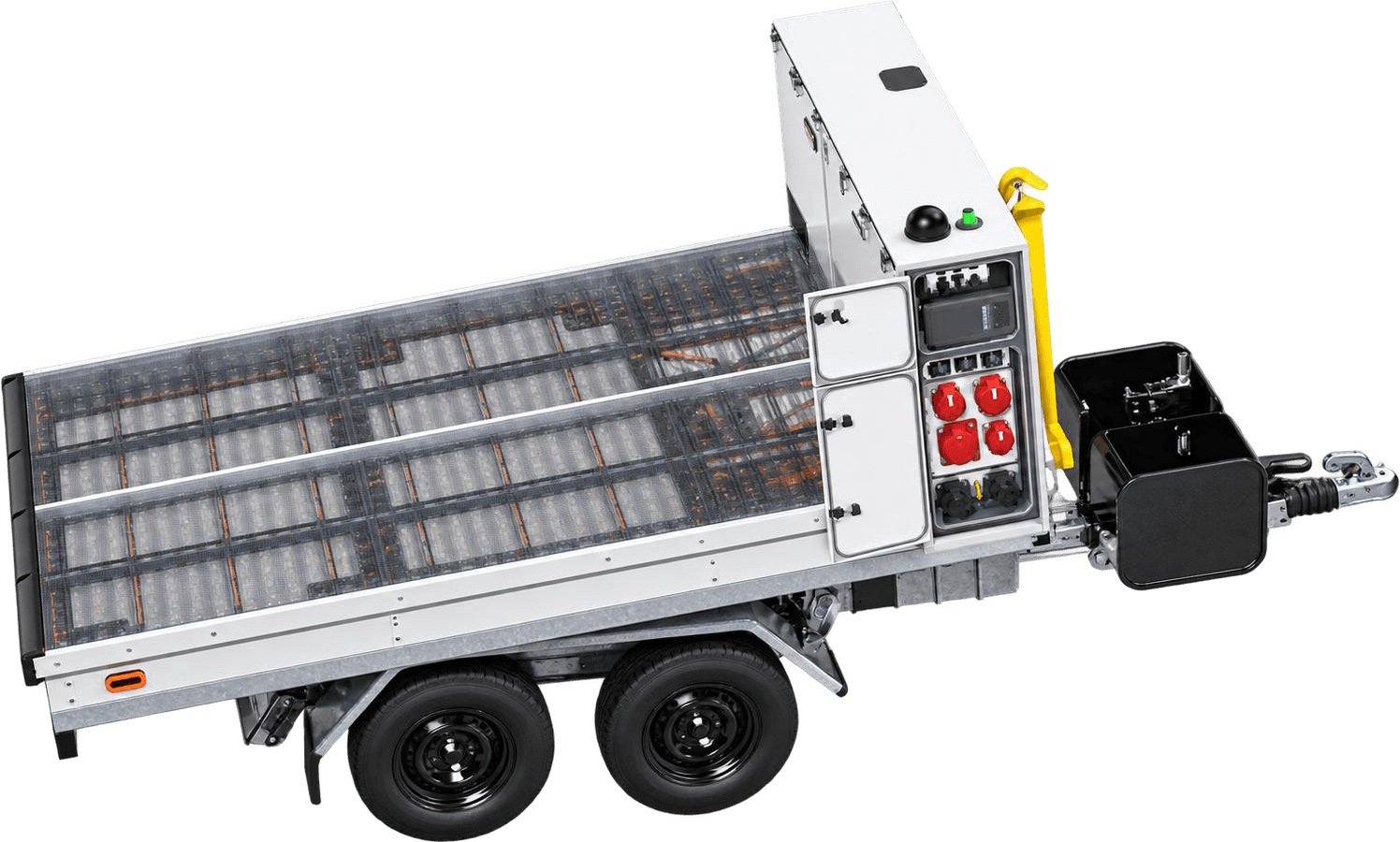 Röntgenansicht des AKKUTRAILER: Batteriemodule im Deck des AKKUBOARD, auf einem Anhänger-Chassis mit Tandemachse