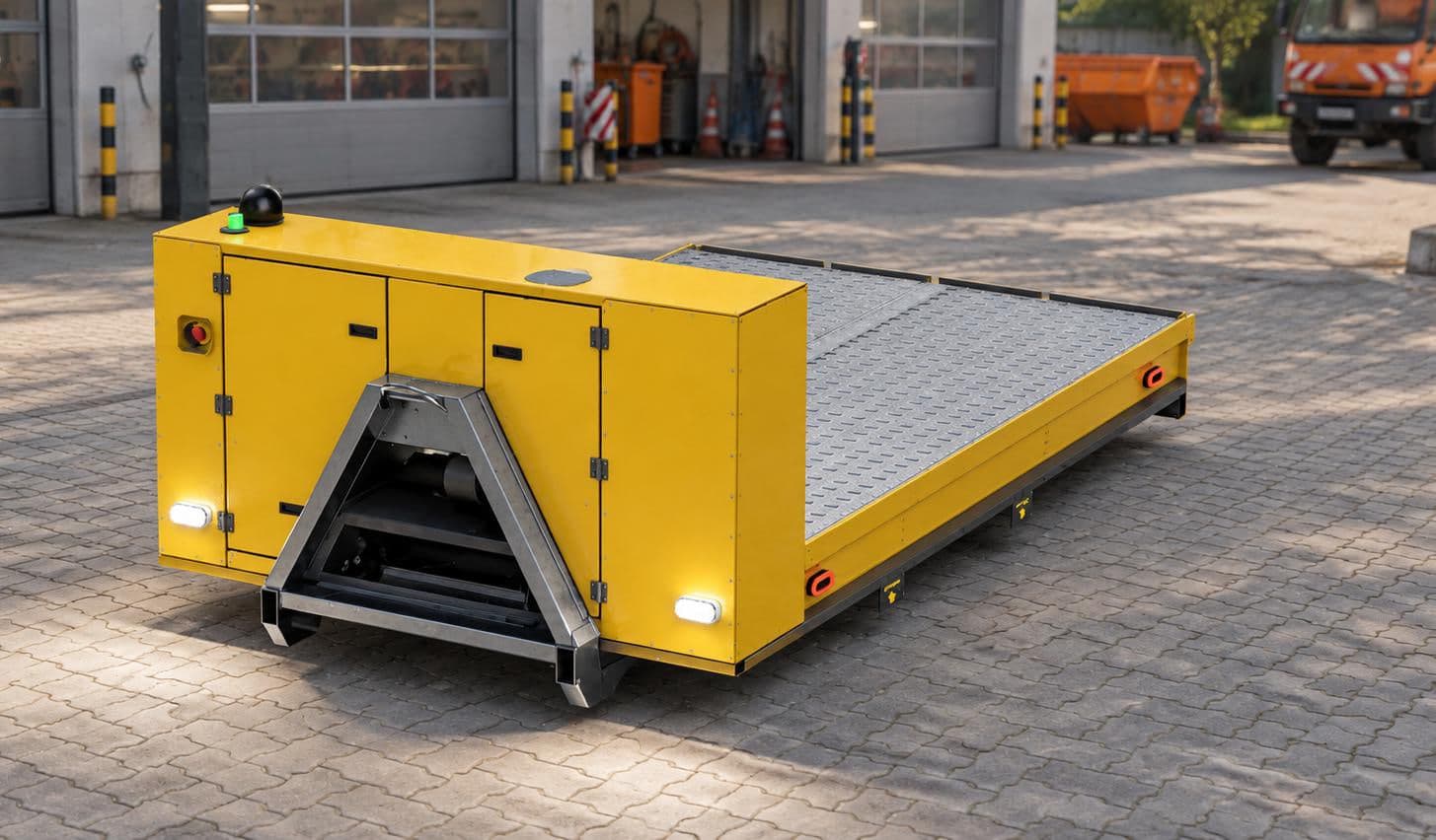 Das AKKUBOARD in Signalgelb auf einem gepflasterten Hof: Energieeinheit mit Schaltschrank auf der einen Seite, daneben die ebene Ladefläche
