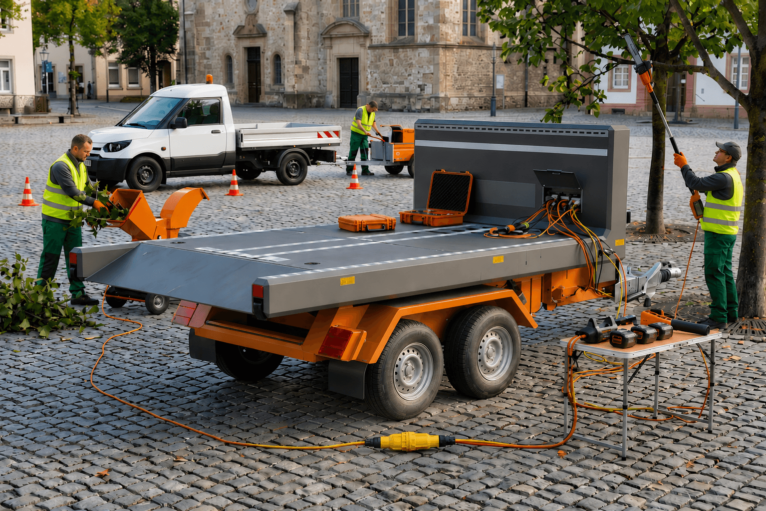 Entretien des espaces verts sur une place de vieille ville : l’AKKUBOARD sur une remorque alimente un broyeur et des outils électriques, à côté d’agents en tenue haute visibilité