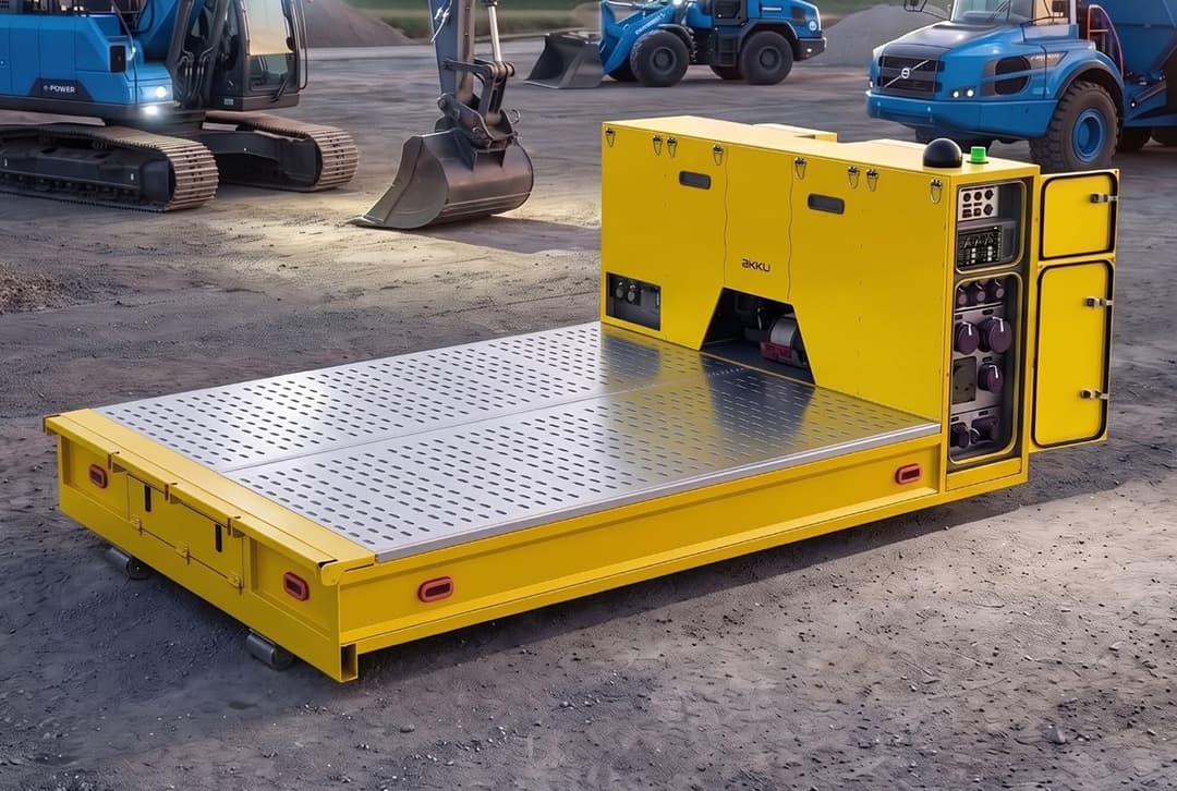 L’AKKUBOARD jaune signal sur un chantier : panneau de commande avec prises CEE et plateau de charge plat, des engins de chantier à l’arrière-plan