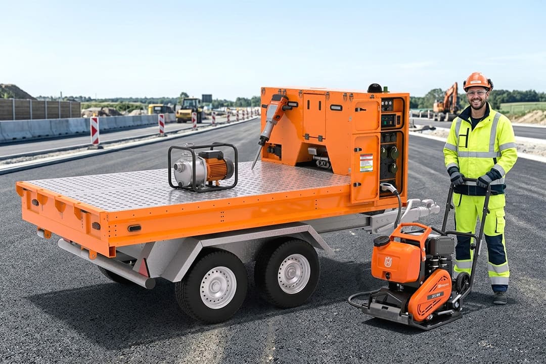 L’AKKUTRAILER orange avec AKKUBOARD sur un chantier routier alimente un marteau-piqueur, une pompe à eau et une plaque vibrante.